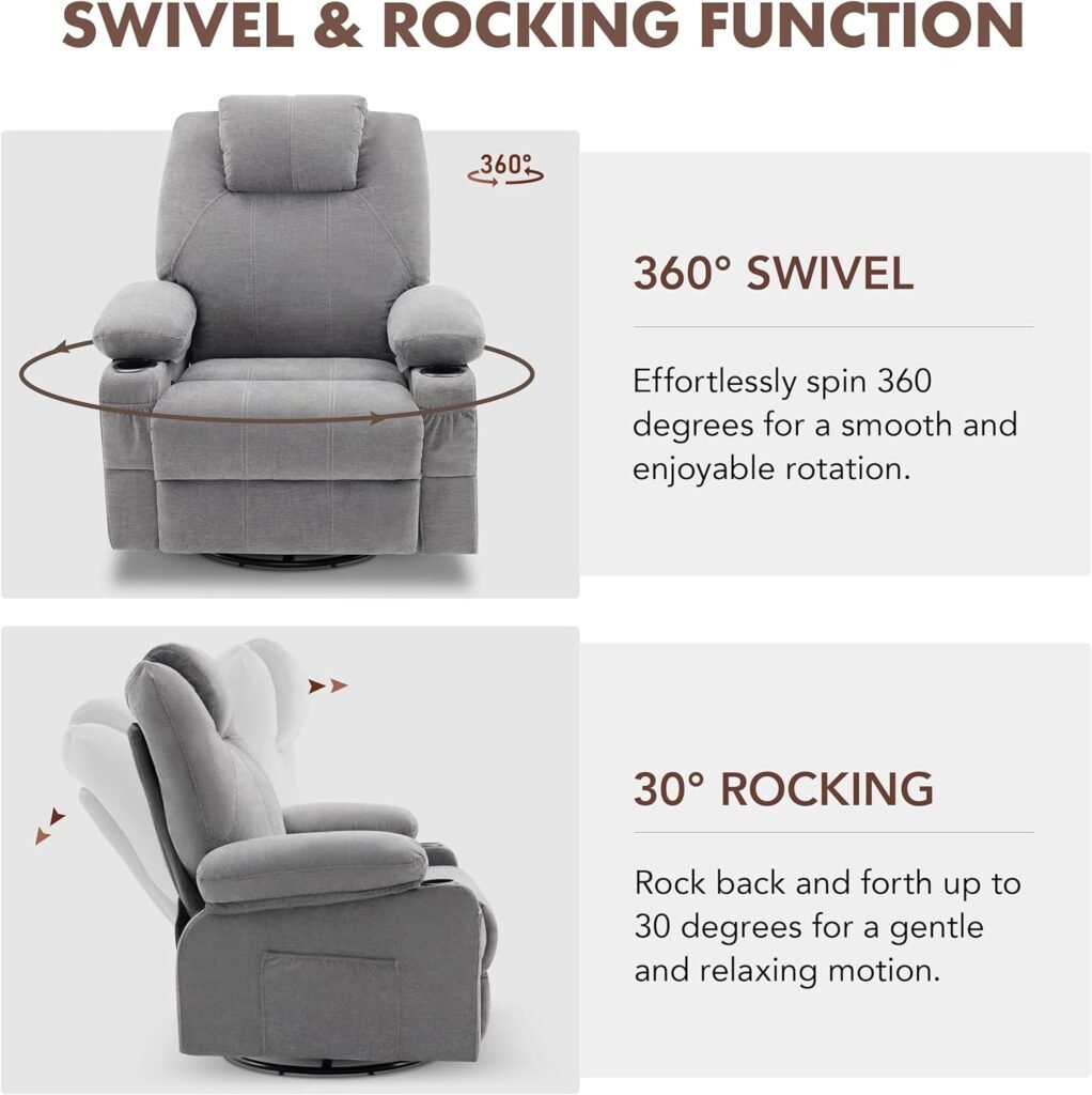 Oversized Swivel Rocker Recliner Chair with Heat and Massage, 360 Degree Swivel Rocking Single Sofa with Cup Holders and USB Port, Big Large Recliner Chair for Living Room (Fabric, Grey)