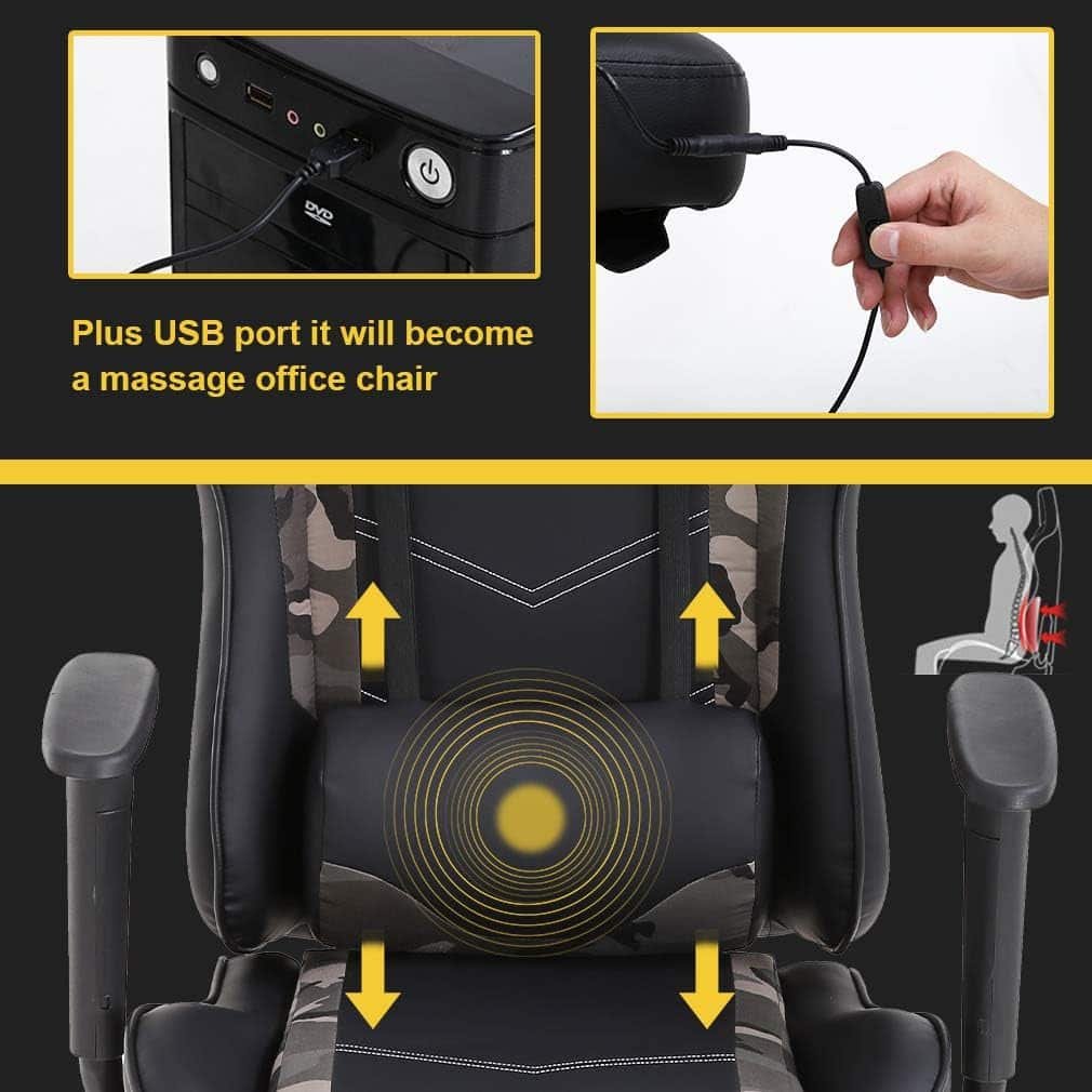 PC Gaming Chair Office Chair Ergonomic Massage PU Leather Recliner Computer Chair with Lumbar Support Rolling Swivel Task Chair for Adults, White