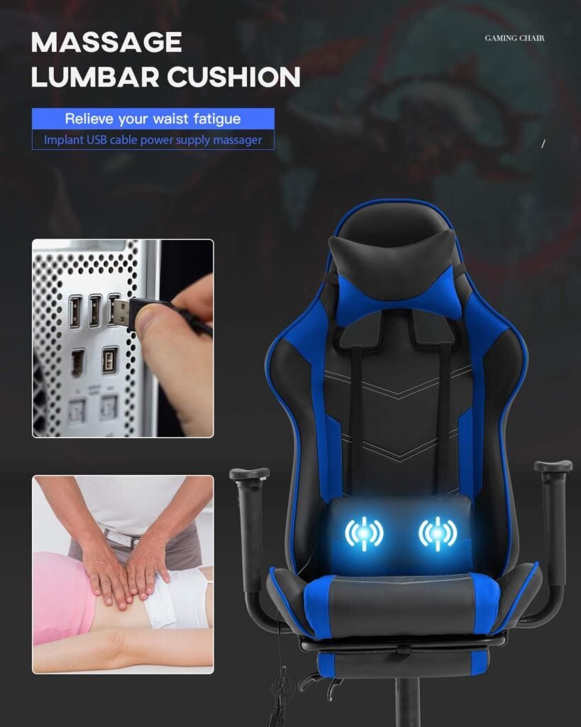 PC Gaming Chair Office Chair Ergonomic Massage PU Leather Recliner Computer Chair with Lumbar Support Rolling Swivel Task Chair for Adults, White