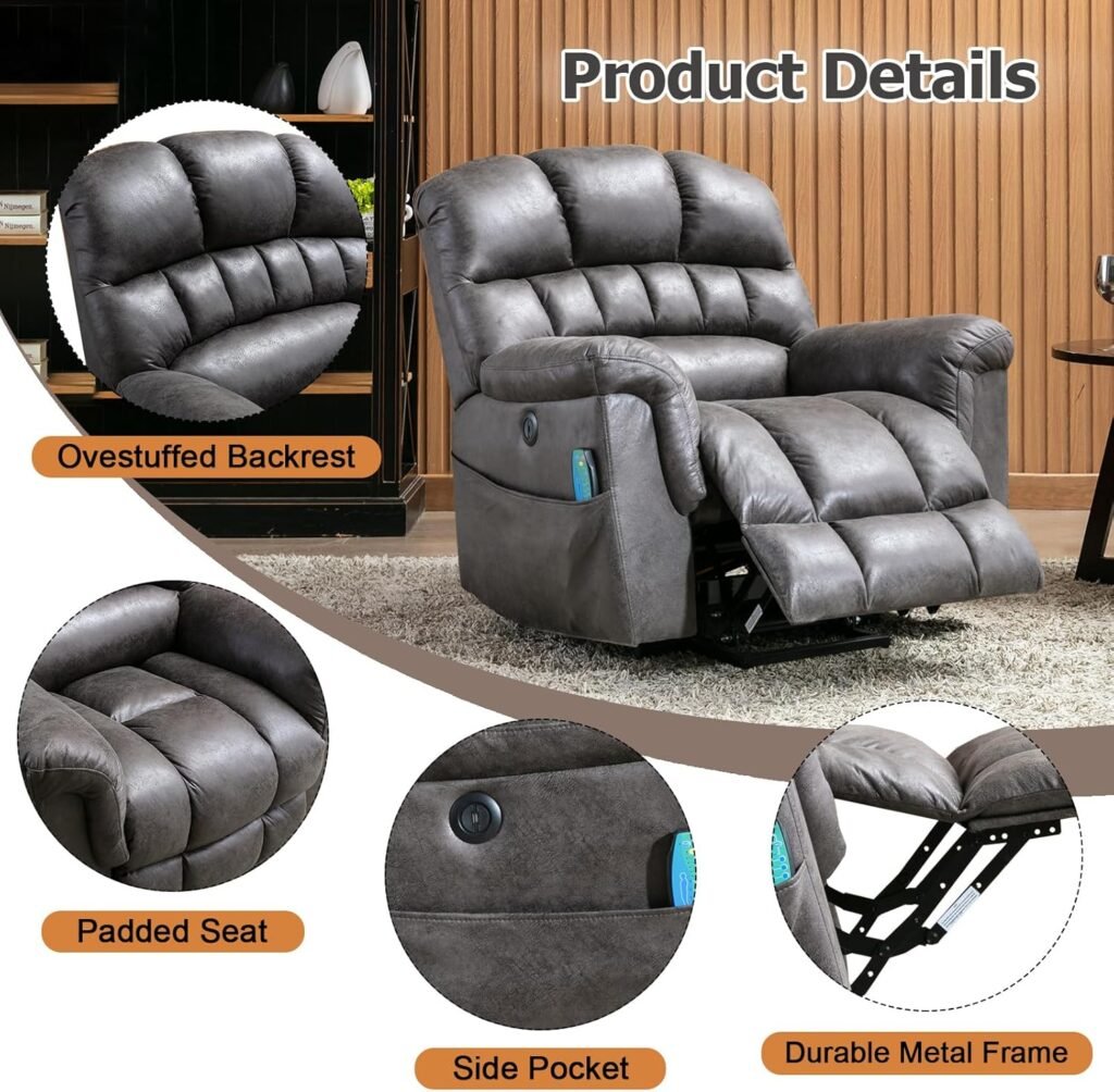 Phoenix Home Large Power Lift Recliner with Massage and Heat for Elderly, Heavy Duty  Safety Motor Reclining Chair, Faux Leather Electric Wider Recliner with USB Ports, 2 Side Pockets, Brown