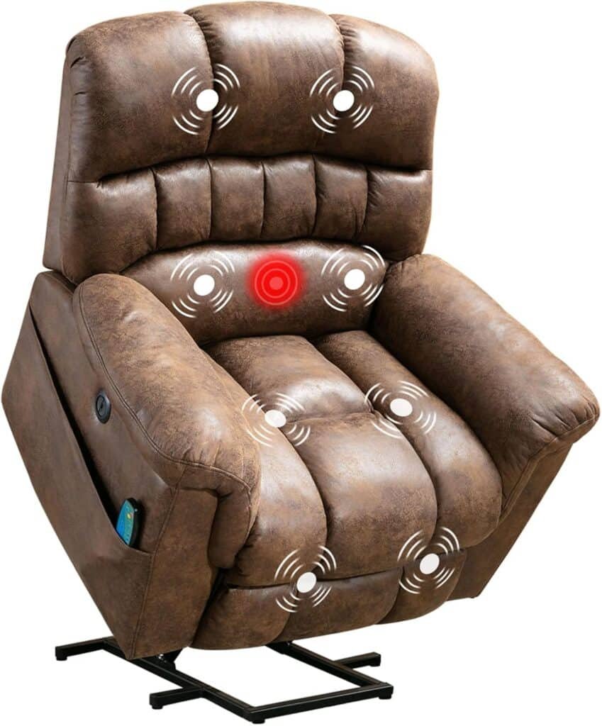 Phoenix Home Large Power Lift Recliner with Massage and Heat for Elderly, Heavy Duty  Safety Motor Reclining Chair, Faux Leather Electric Wider Recliner with USB Ports, 2 Side Pockets, Brown