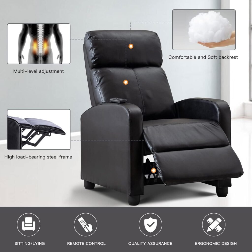Phoenix Home Massage Recliner Chair, Modern Single Sofa Recliners with Padded Backrest and Thick Seat Cushion, PU Leather Recliner Chair for Living Room, Home Theater, Black