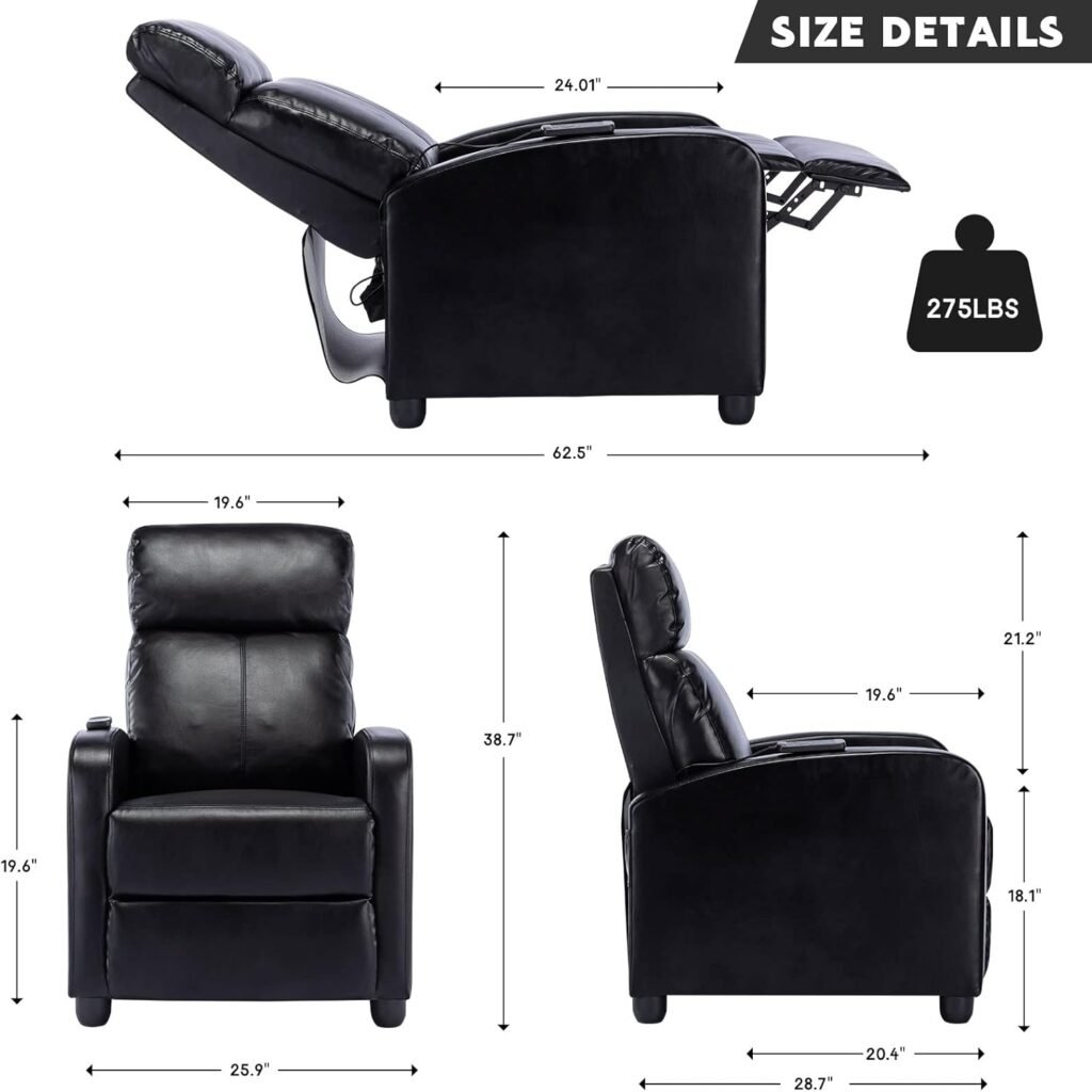 Phoenix Home Massage Recliner Chair, Modern Single Sofa Recliners with Padded Backrest and Thick Seat Cushion, PU Leather Recliner Chair for Living Room, Home Theater, Black