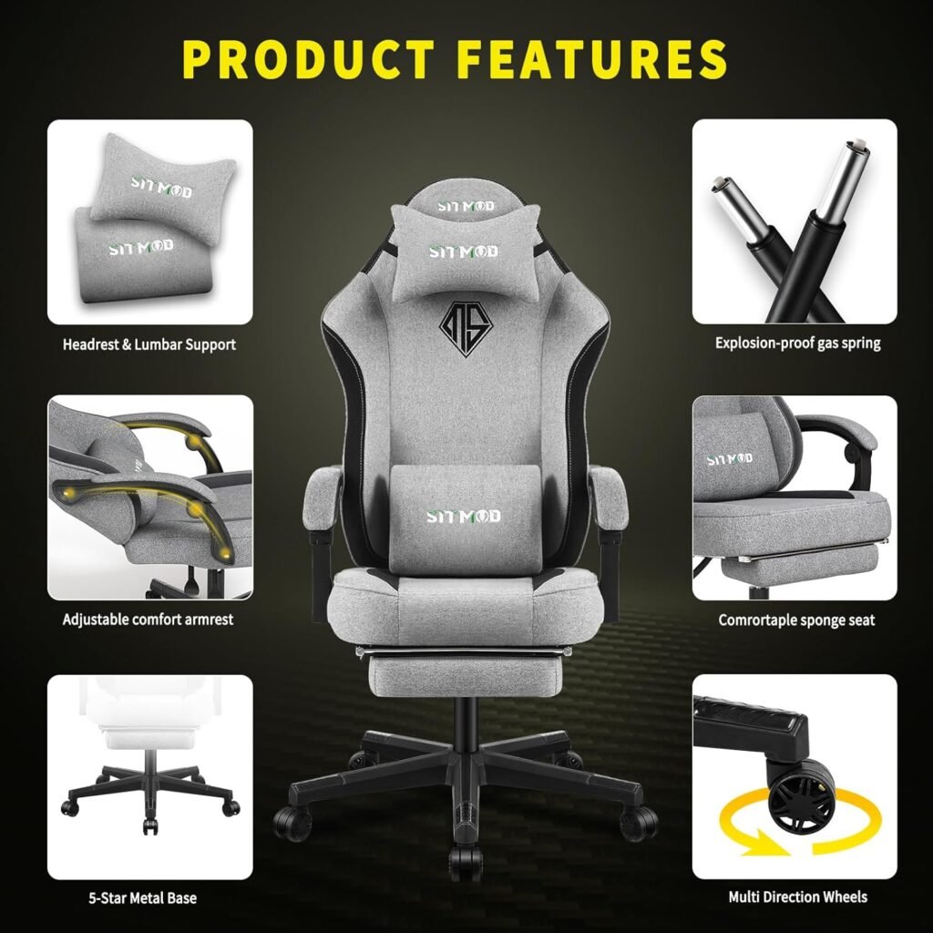 SITMOD Fabric Gaming Chairs with Footrest, PC Computer Ergonomic Video Game Chair for Adults Backrest and Seat Height Adjustable Swivel Task Chair with Headrest and Lumbar Support