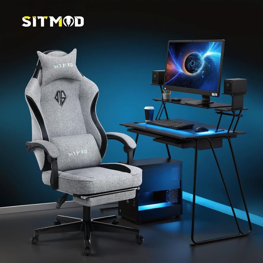 SITMOD Fabric Gaming Chairs with Footrest, PC Computer Ergonomic Video Game Chair for Adults Backrest and Seat Height Adjustable Swivel Task Chair with Headrest and Lumbar Support