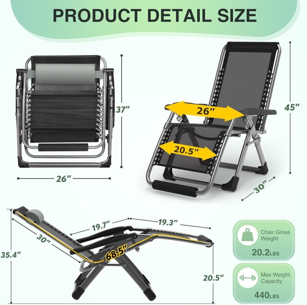 Suteck Zero Gravity Chair, 26In Lounge Chair w/Removable Cushion  Headrest, Reclining Camping Chair w/Upgraded Lock, Large Cup Holder and Footrest, Reclining Patio Chairs Recliner for Indoor Outdoor