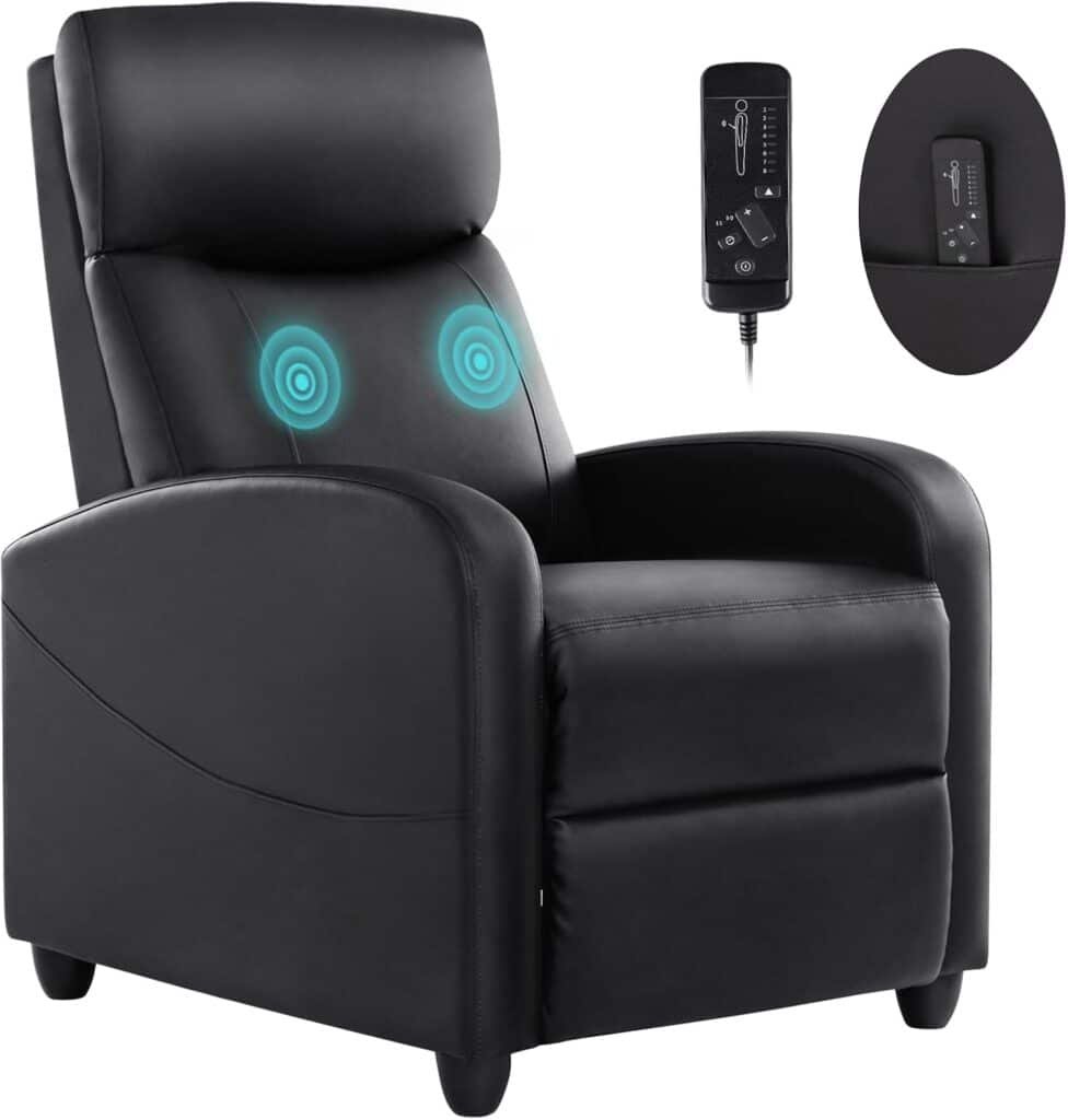 Sweetcrispy Recliner Chair for Adults, Massage PU Leather Small Recliner Home Theater Seating with Lumbar Support, Adjustable Modern Reclining Chair with Padded Seat Backrest, Living Room (Black)