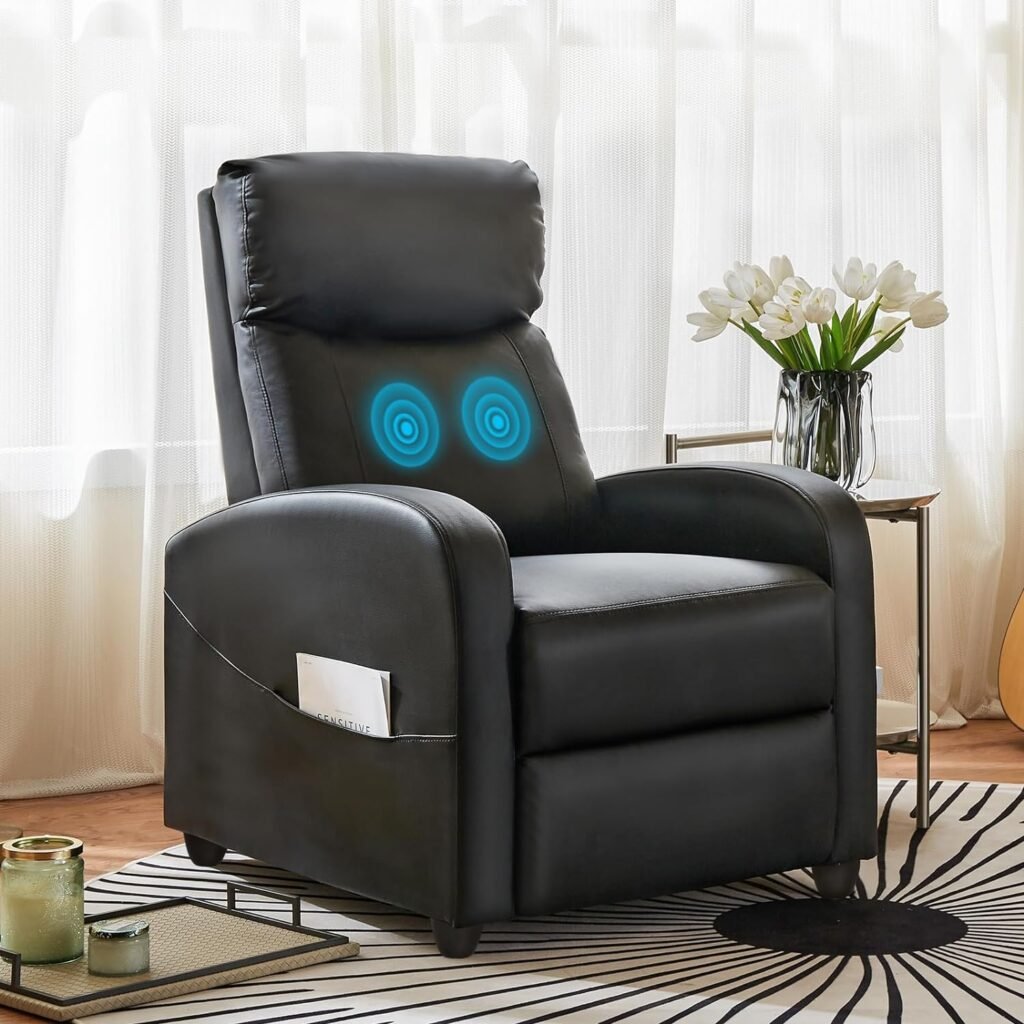 Sweetcrispy Recliner Chair for Adults, Massage PU Leather Small Recliner Home Theater Seating with Lumbar Support, Adjustable Modern Reclining Chair with Padded Seat Backrest, Living Room (Black)
