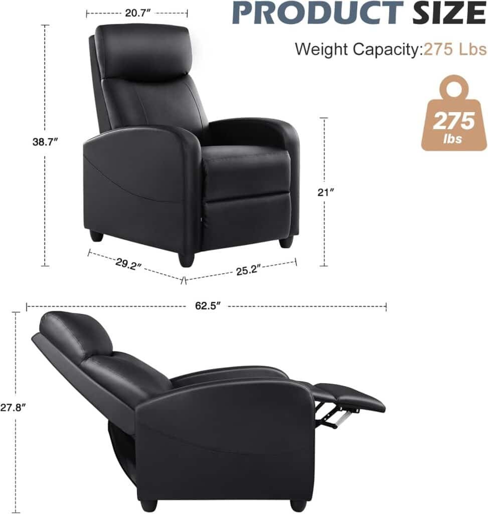Sweetcrispy Recliner Chair for Adults, Massage PU Leather Small Recliner Home Theater Seating with Lumbar Support, Adjustable Modern Reclining Chair with Padded Seat Backrest, Living Room (Black)