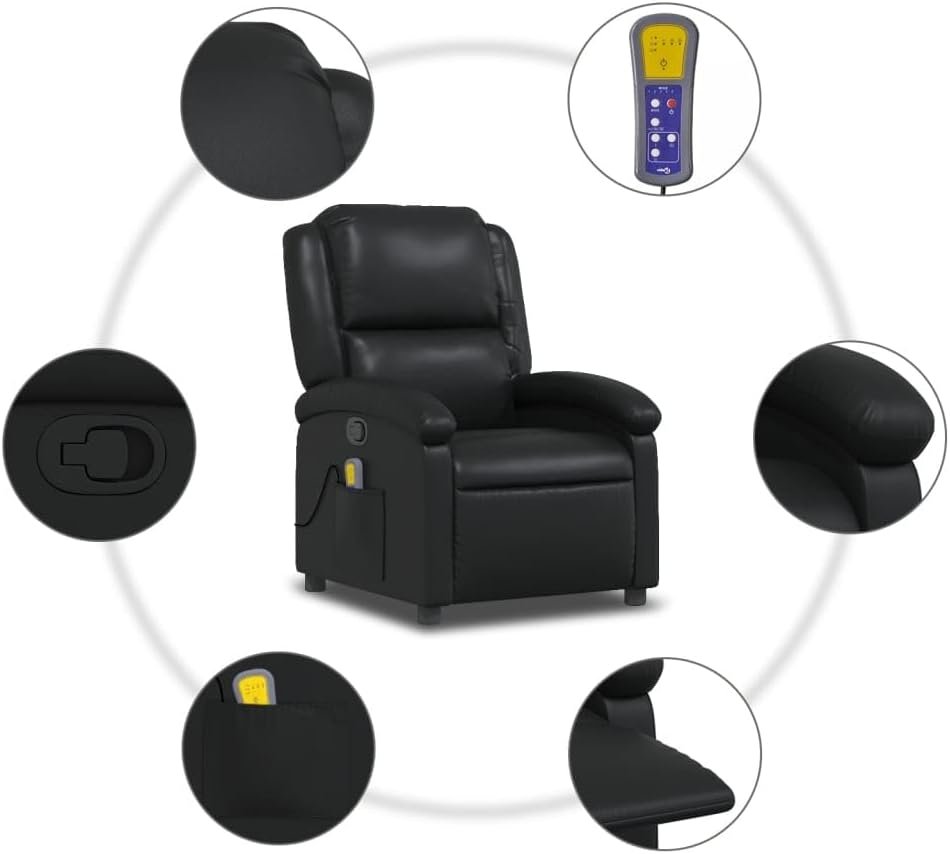 vidaXL Black Faux Leather Massage Recliner - Adjustable Manual Armchair with Vibration Massage, Side Pocket, and Plush Padding