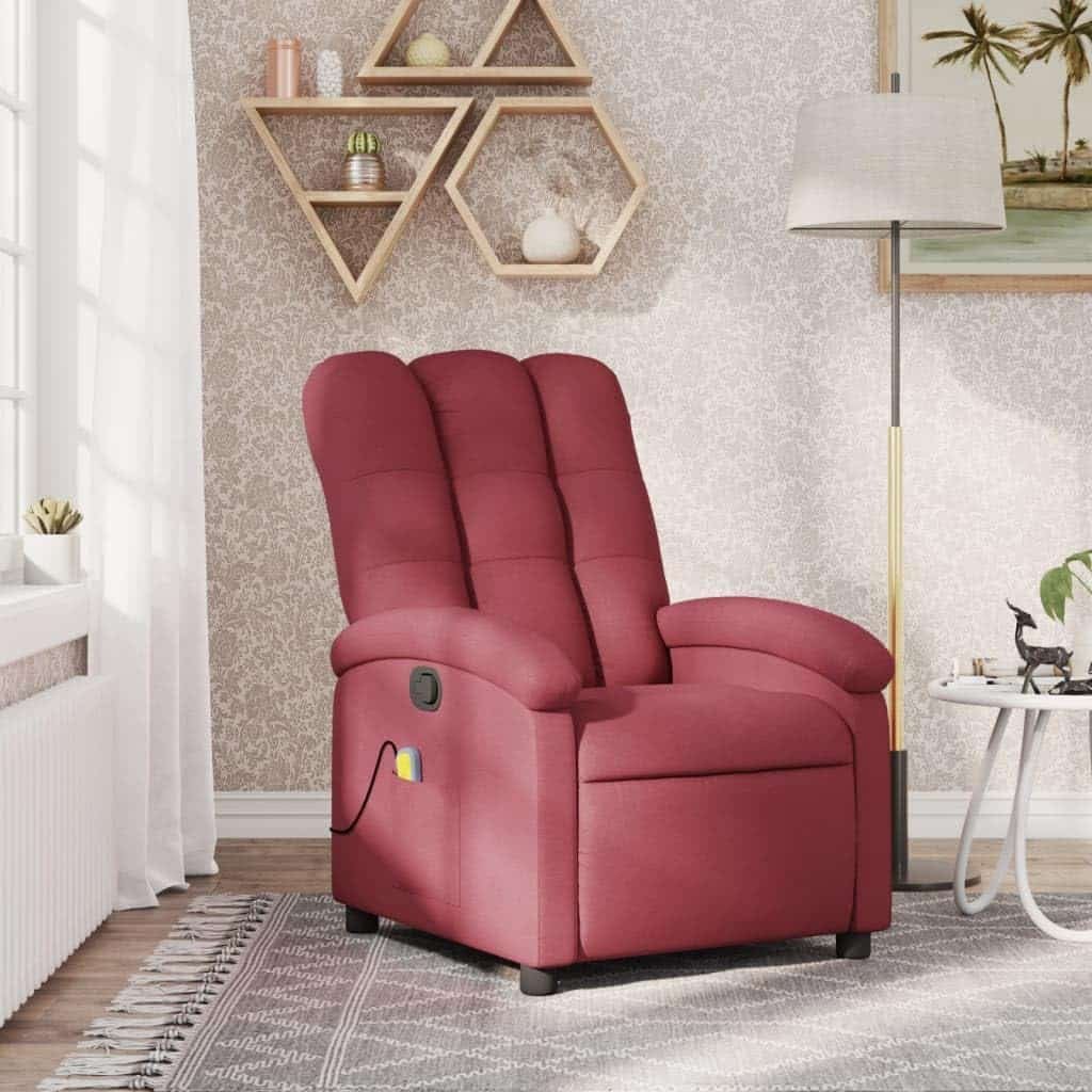 vidaXL Massage Recliner Chair - Wine Red Fabric Adjustable Armchair, 6-Point Vibrating Massage, Side Pocket, Manual Recline up to 135° for Living Room or Lounge