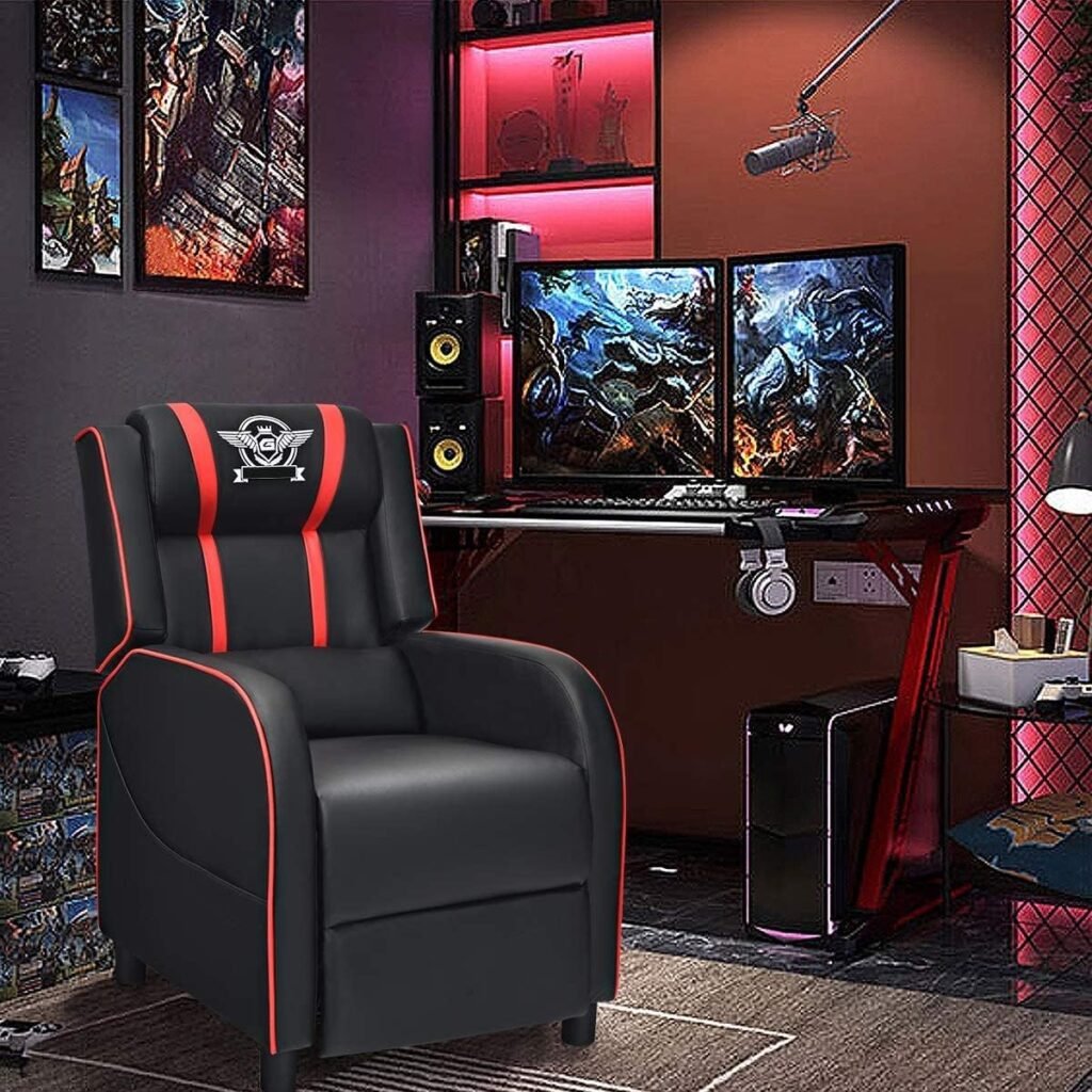 Adjustable, Racing Style Massage Single Sofa with Headrest  Lumbar Pillow, PU Leather Recliner Video Game Chairs, Pink