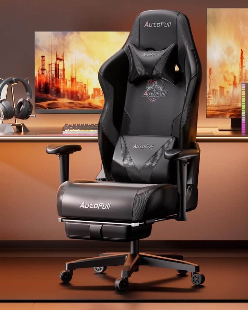 AutoFull C3 Gaming Chair, Ergonomic Wingless Cushion Computer Chair,PU Leather Racing Style Office Chair with Lumbar Support Pillow and Footrest,Dark