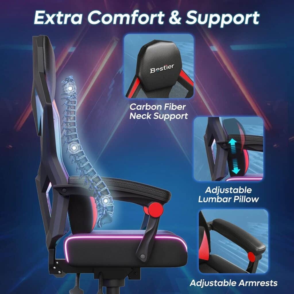 Bestier Gamer Chair with RGB LED Lights, Breathable Fabric LED Gamer Chair with Pocket Spring Cushion and Linkage Armrests, Gaming Chairs for Adults with Adjustable Lumbar Support(Black) Bestier Gamer Chair with RGB LED Lights, Breathable Fabric LED Gamer Chair with Pocket Spring Cushion and Linkage Armrests, Gaming Chairs for Adults with Adjustable Lumbar Support(Black)