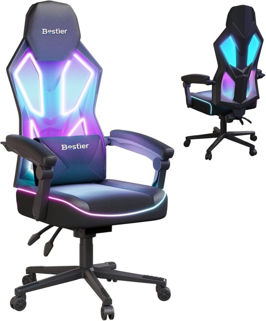 Bestier Gamer Chair with RGB LED Lights, Breathable Fabric LED Gamer Chair with Pocket Spring Cushion and Linkage Armrests, Gaming Chairs for Adults with Adjustable Lumbar Support(Black) Bestier Gamer Chair with RGB LED Lights, Breathable Fabric LED Gamer Chair with Pocket Spring Cushion and Linkage Armrests, Gaming Chairs for Adults with Adjustable Lumbar Support(Black)