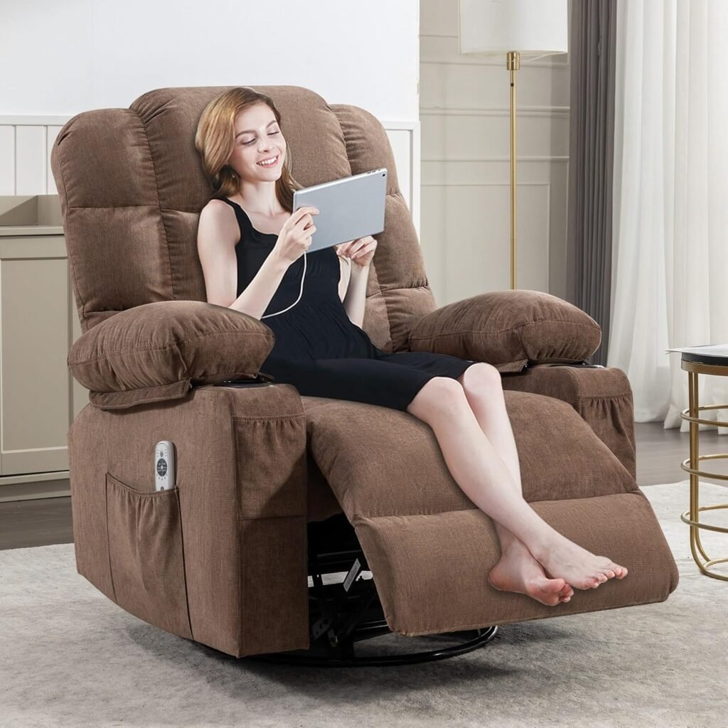 Brown Oversized Massage Rocker Recliner Chair with Vibration Solid Modern Contemporary Metal Wood Manual Recline