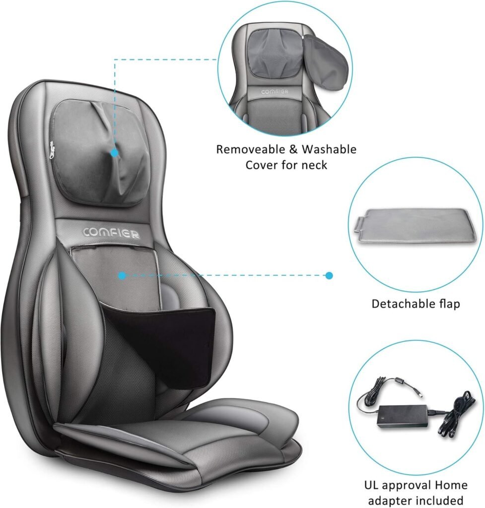 COMFIER Massager Chair with Heat, Shiatsu Neck Back Massager Portable with Compress  Rolling,Massage Chair Pad for Full Back, Neck  Shoulders,Full Body Pain, Gray