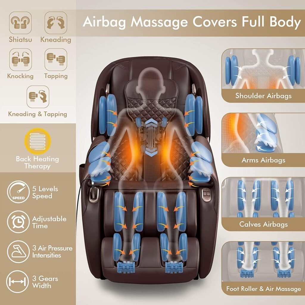 COSTWAY Massage Chair, Full Body Zero Gravity Massage Recliner with 12 Auto Modes, 53-Inch SL Track, 28 Airbags, Thai Stretch, Bluetooth Speaker, Foot Roller, Heat Therapy, Space-Saving, Brown COSTWAY Massage Chair, Full Body Zero Gravity Massage Recliner with 12 Auto Modes, 53-Inch SL Track, 28 Airbags, Thai Stretch, Bluetooth Speaker, Foot Roller, Heat Therapy, Space-Saving, Brown
