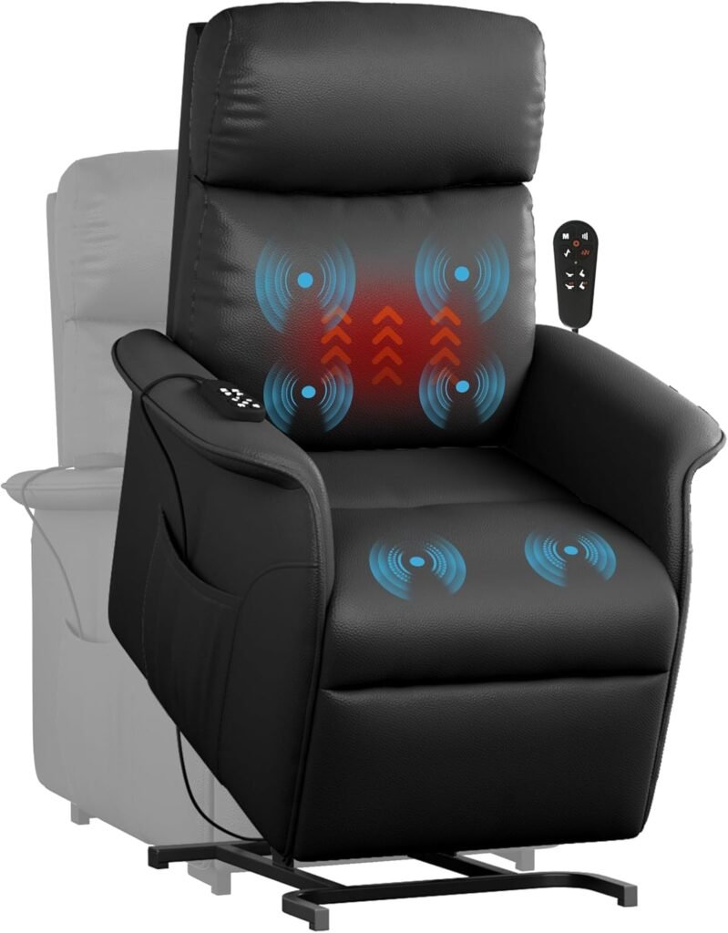 Electric Power Lift Chair Recliners for Elderly with Massage and Heating, Living Room Recliner Chair with Remote Control, Side Pockets, Black (PU)