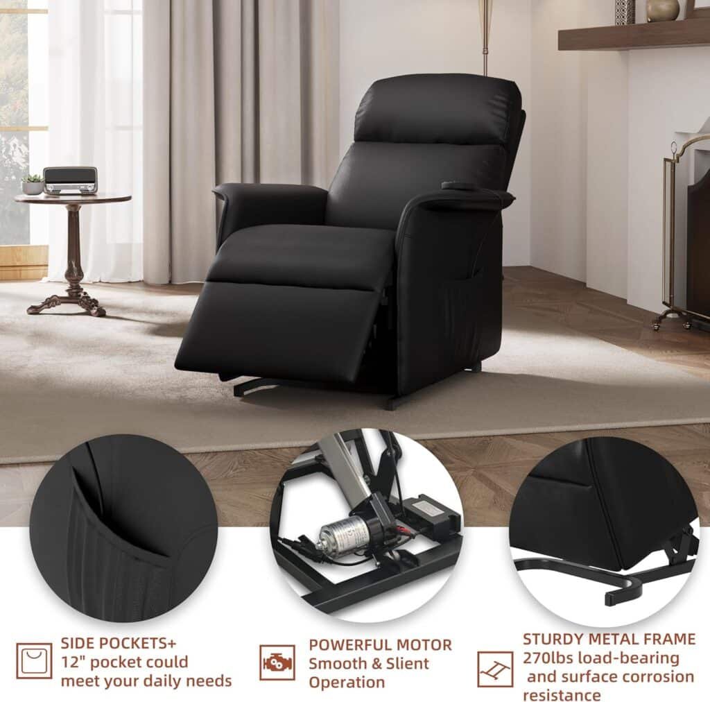 Electric Power Lift Chair Recliners for Elderly with Massage and Heating, Living Room Recliner Chair with Remote Control, Side Pockets, Black (PU)