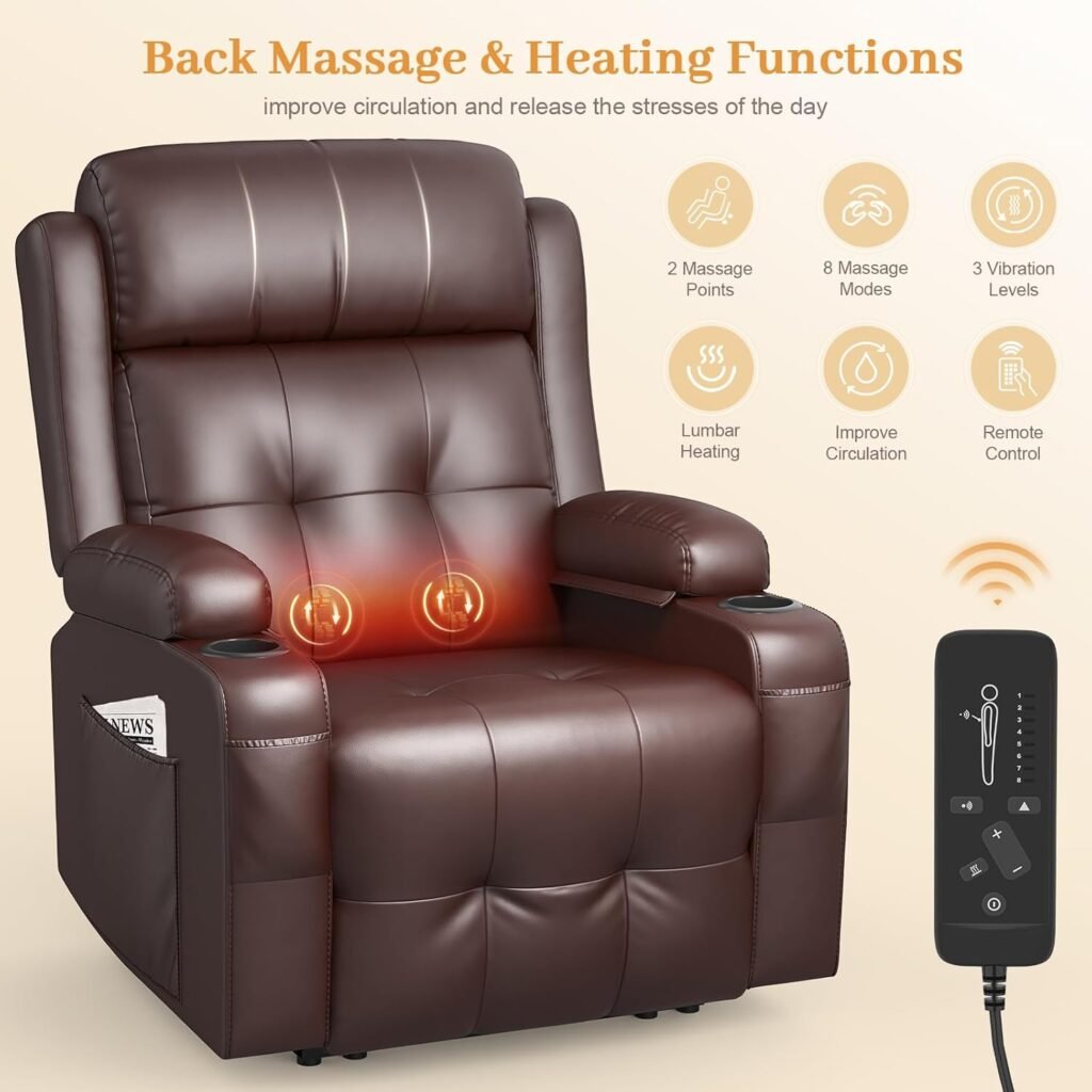 Electric Power Oversized Recliner Chair with Heat and Back Massage, Extra Wide Seat Reclining Chair Infinite Position with Storage Armrests  2 Cup Holders for Living Room (Brown)