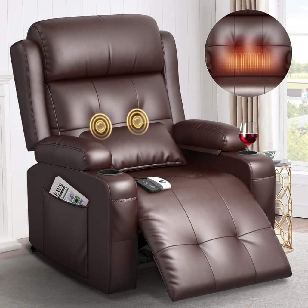 Electric Power Oversized Recliner Chair with Heat and Back Massage, Extra Wide Seat Reclining Chair Infinite Position with Storage Armrests  2 Cup Holders for Living Room (Brown)