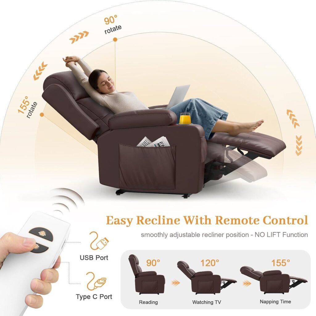 Electric Power Oversized Recliner Chair with Heat and Back Massage, Extra Wide Seat Reclining Chair Infinite Position with Storage Armrests  2 Cup Holders for Living Room (Brown)