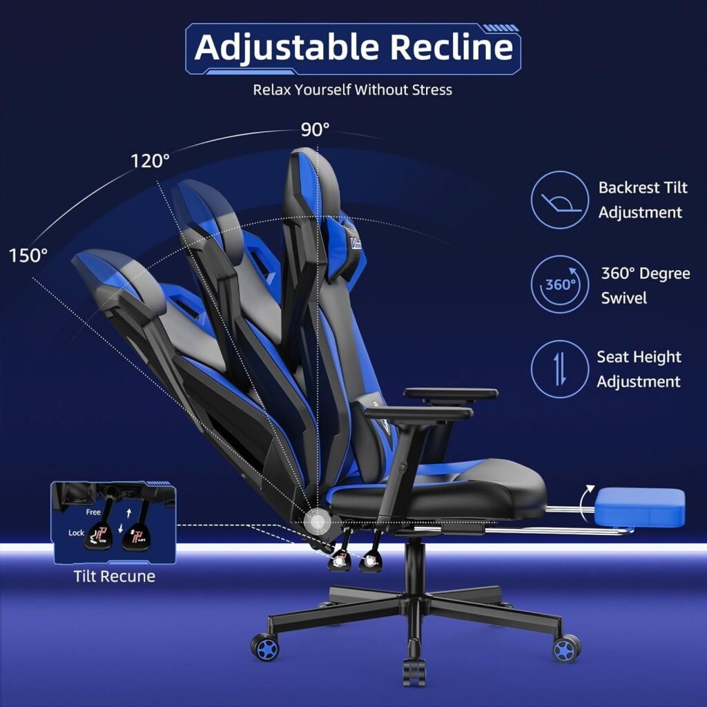 Gaming Chair, Computer Chair with Footrest and Lumbar Support, PU Leather High Back Adjustable Game Chair with Adjustable Armrest and Headrest Swivel Task Chair for Office or Gaming