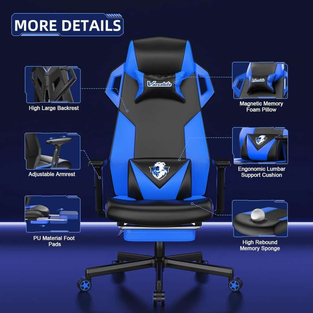 Gaming Chair, Computer Chair with Footrest and Lumbar Support, PU Leather High Back Adjustable Game Chair with Adjustable Armrest and Headrest Swivel Task Chair for Office or Gaming