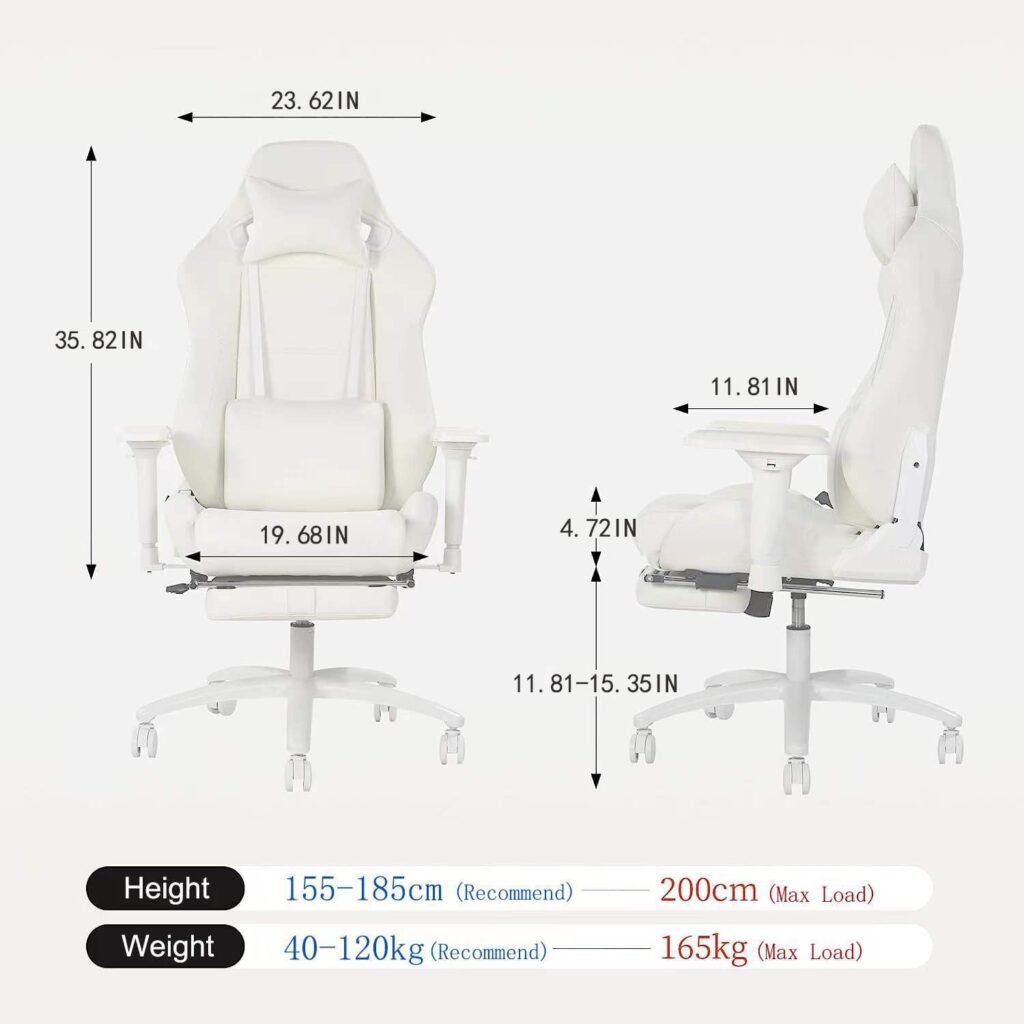 Gaming Chair for Office and Home, Footrest and Seat Height Adjustable Swivel Ergonomic Video Game Chair, Computer Chair with Headrest and Lumbar Support for Adults Big Man Women(White)