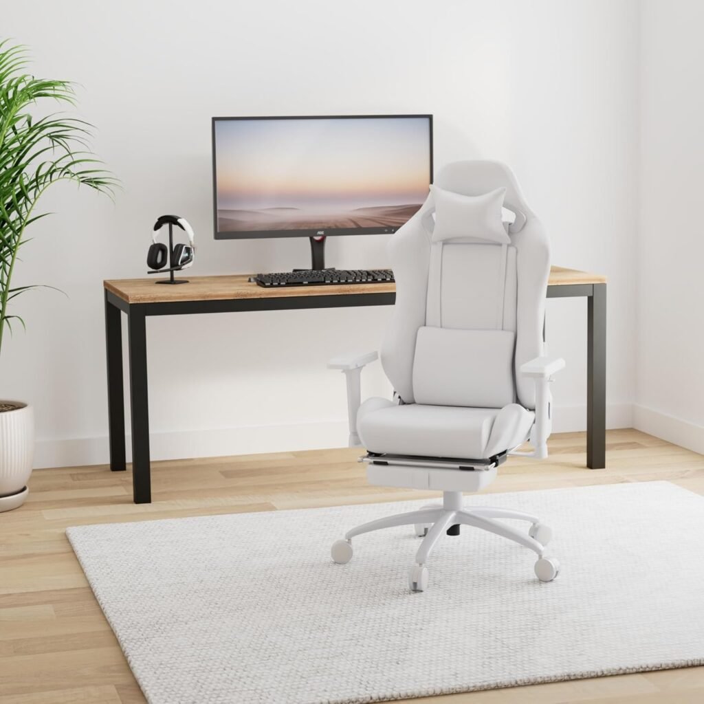 Gaming Chair for Office and Home, Footrest and Seat Height Adjustable Swivel Ergonomic Video Game Chair, Computer Chair with Headrest and Lumbar Support for Adults Big Man Women(White)