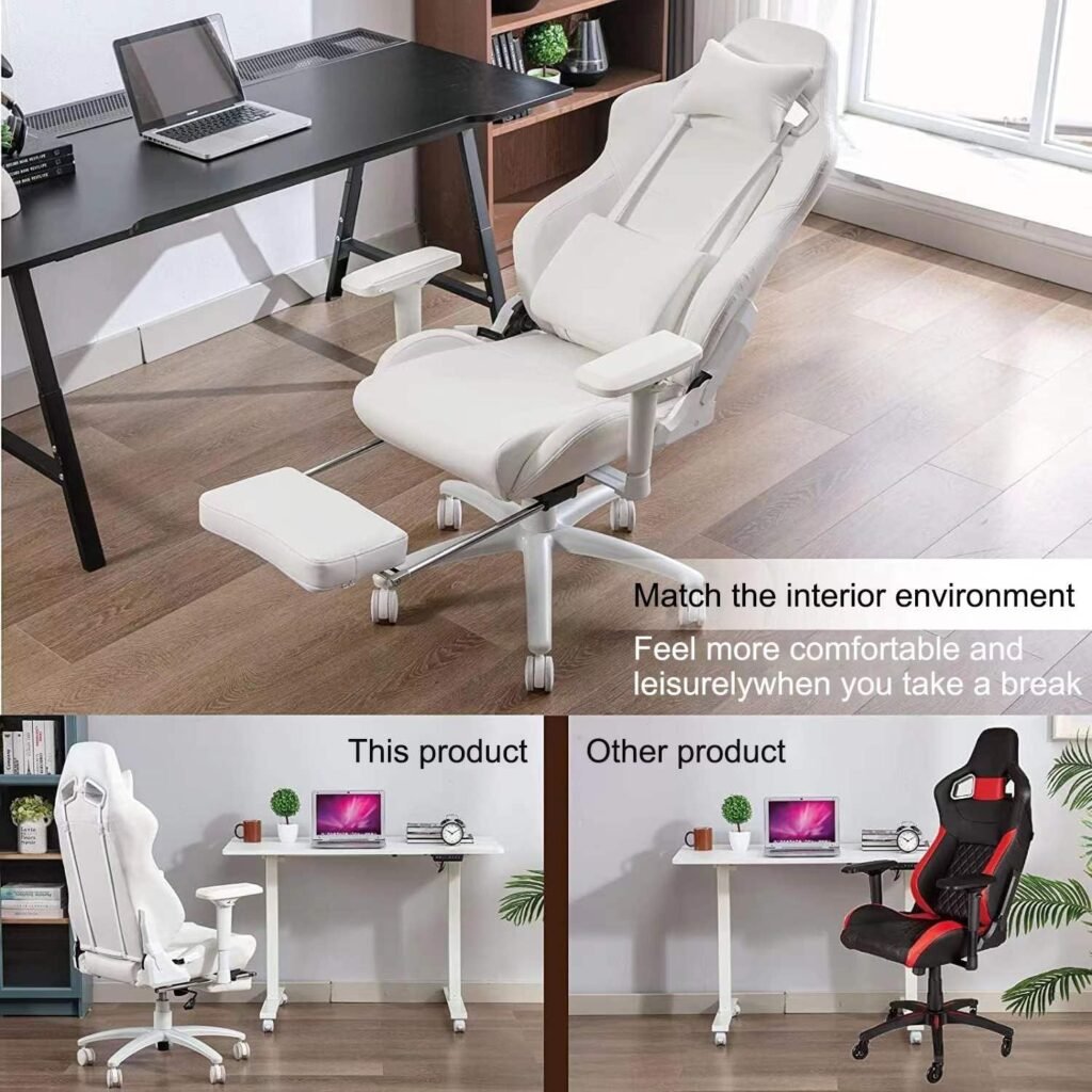 Gaming Chair for Office and Home, Footrest and Seat Height Adjustable Swivel Ergonomic Video Game Chair, Computer Chair with Headrest and Lumbar Support for Adults Big Man Women(White)