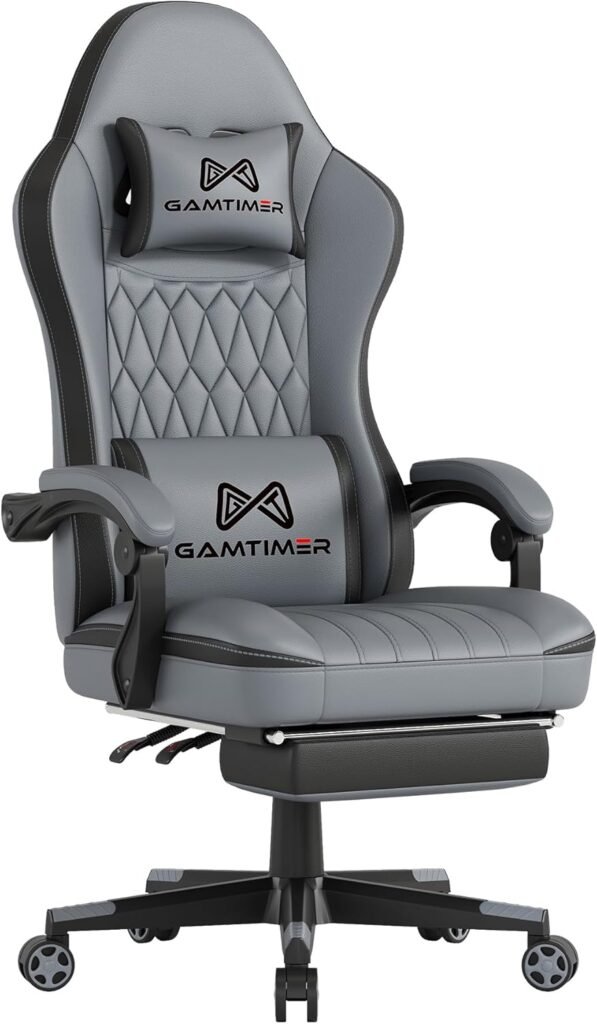 Gaming Chair with Footrest, Ergonomic Computer Chair with Lumbar Support, with 4D Foam Sports Seat Cushion, Breathable Leather Material, Height Adjustable Adult Office Chair（Grey）