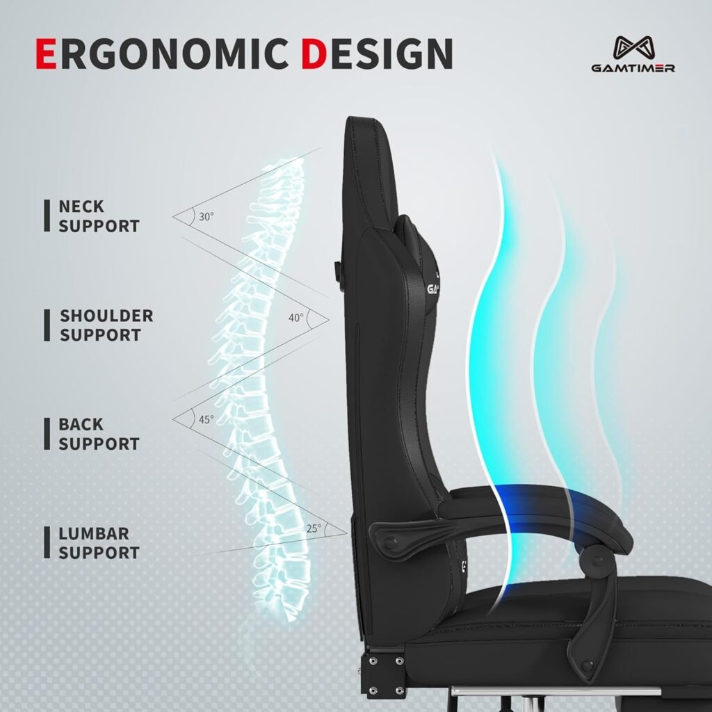 Gaming Chair with Footrest, Ergonomic Computer Chair with Lumbar Support, with 4D Foam Sports Seat Cushion, Breathable Leather Material, Height Adjustable Adult Office Chair（Grey）