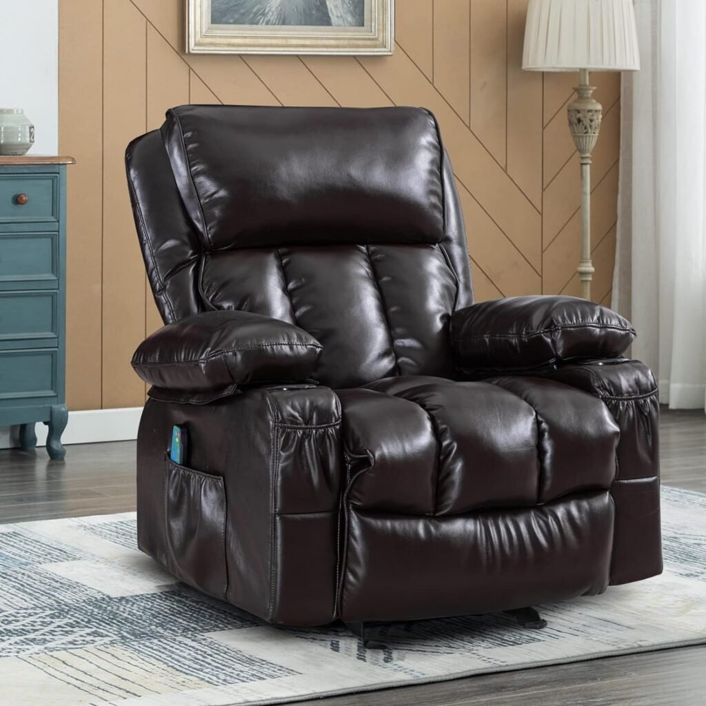 GIA Faux Leather Recliner Chair Modern Rocker with Vibration Massage and Heat Ergonomic Lounge Chair for Living Room with Rocking Function and Side Pocket 2 Cup Holders USB Charge Port
