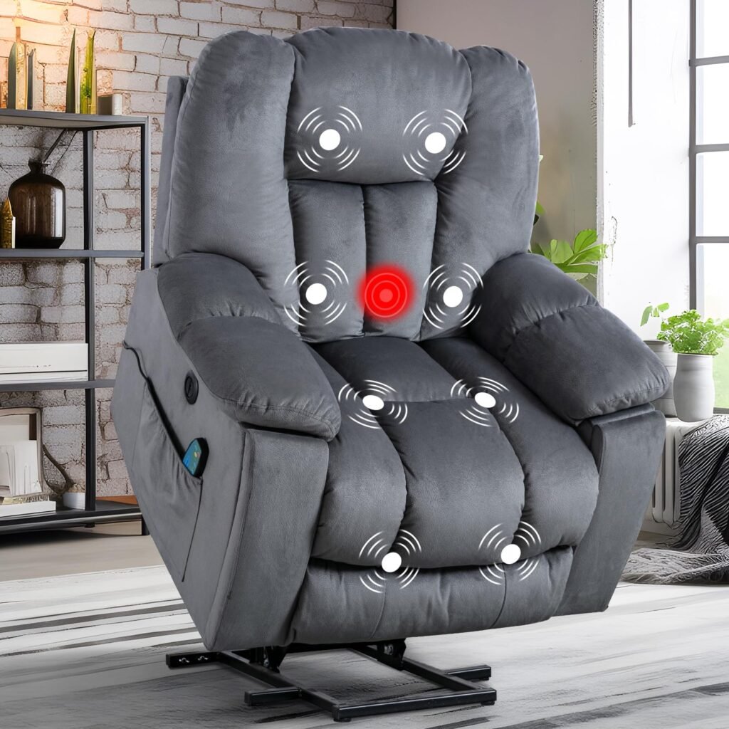 Grey Electric Lift Heated Recliner Chair, Oversized Power Lift Massage Recliner Chairs for Elderly, Fabric Electric Recliner Chairs with 2 Side Pockets, USB Charge Port for Living Room, Office