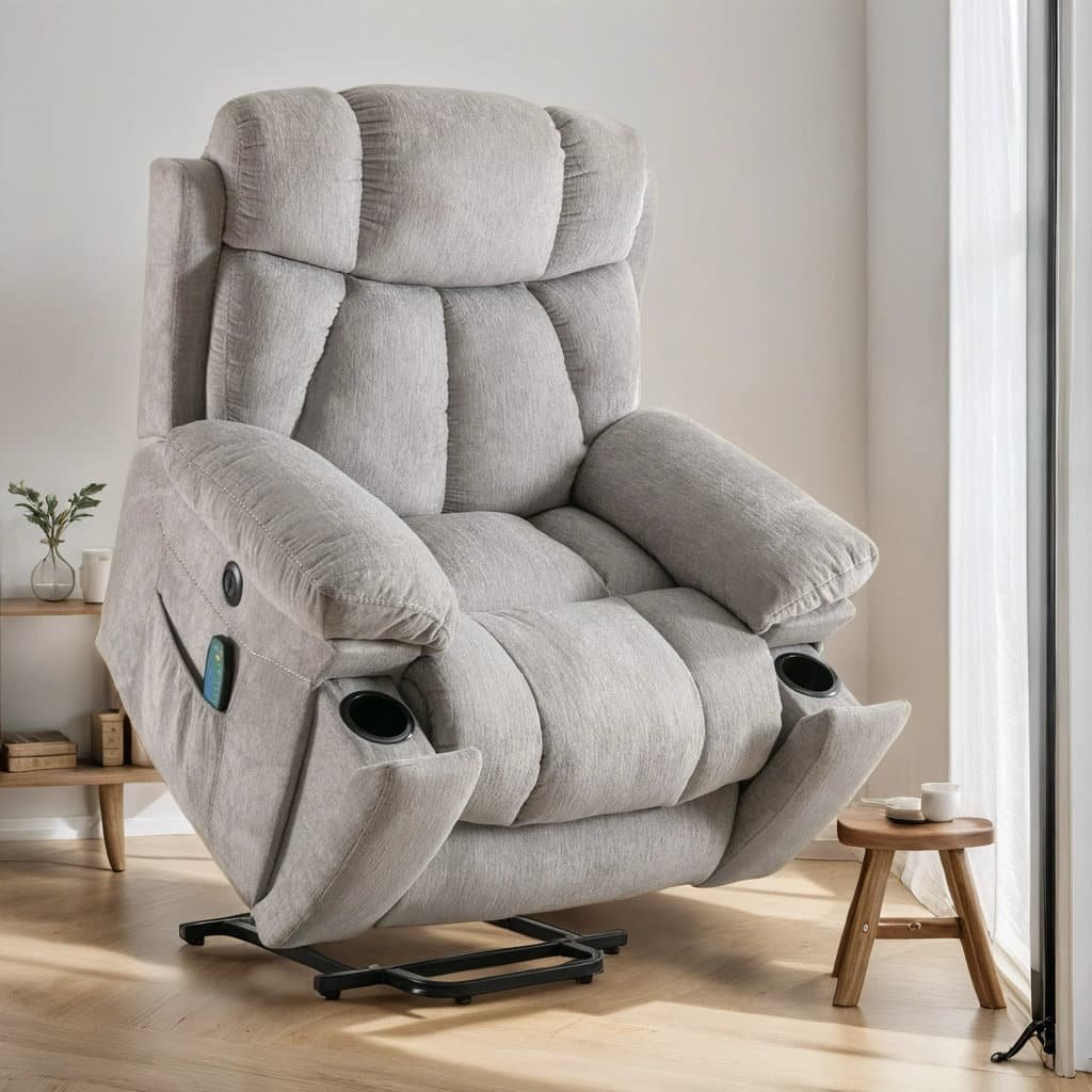 Grey Electric Lift Heated Recliner Chair, Oversized Power Lift Massage Recliner Chairs for Elderly, Fabric Electric Recliner Chairs with 2 Side Pockets, USB Charge Port for Living Room, Office