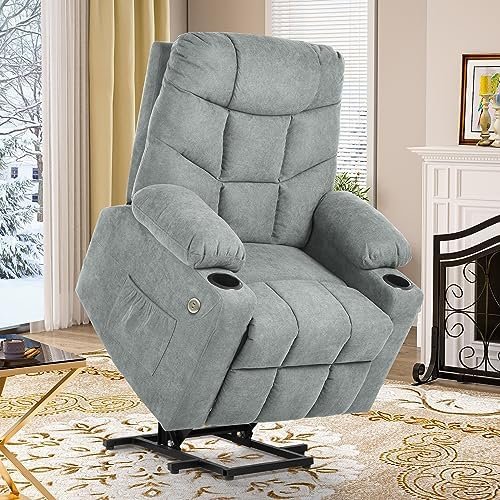 Grey Electric Lift Heated Recliner Chair, Oversized Power Lift Massage Recliner Chairs for Elderly, Fabric Electric Recliner Chairs with 2 Side Pockets, USB Charge Port for Living Room, Office