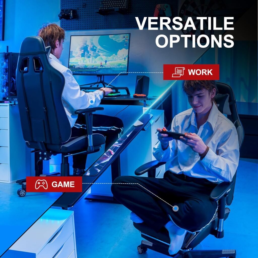 GTRACING Gaming Chair with Footrest, Ergonomic Computer Game Desk, Reclining Gamer Chair Seat Height Adjustment, Swivel Rocker with Headrest and Lumbar (Blue)