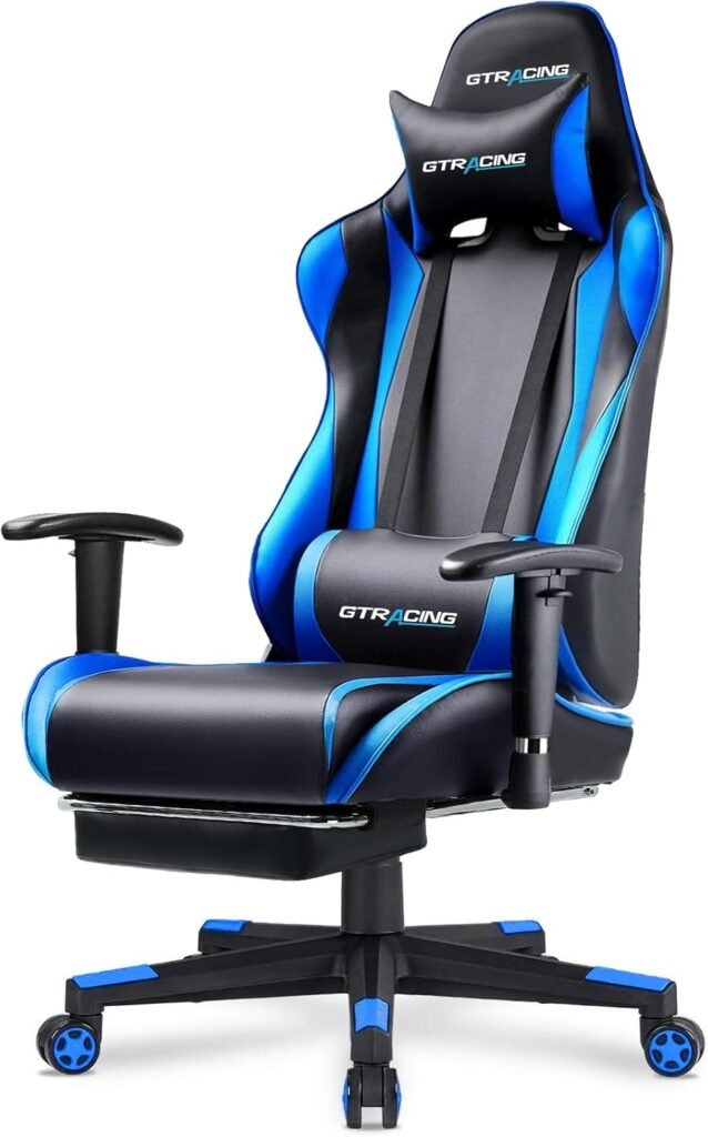 GTRACING Gaming Chair with Footrest, Ergonomic Computer Game Desk, Reclining Gamer Chair Seat Height Adjustment, Swivel Rocker with Headrest and Lumbar (Blue)