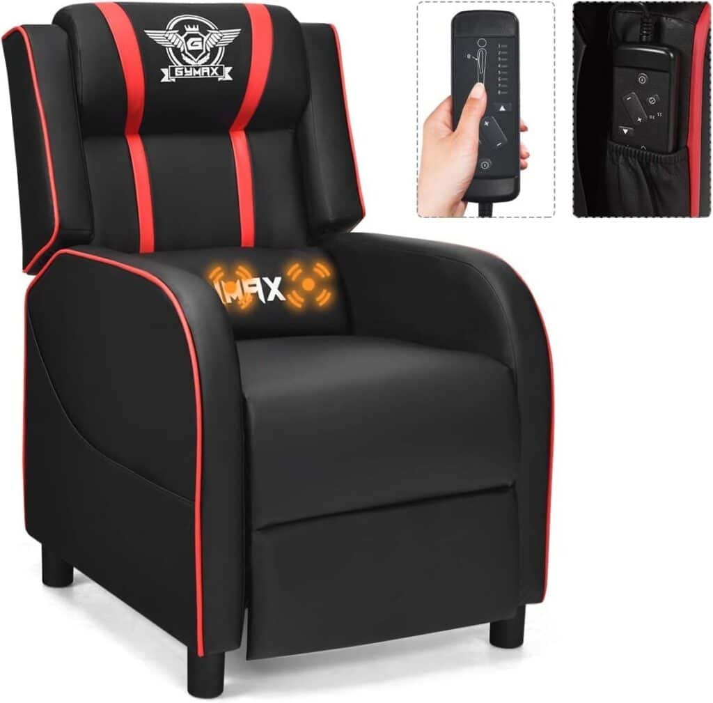 HOMGX Gaming Recliner Chair, Ergonomic PC Computer Chair w/Massage Function  Cushion, Modern Racing Style Single Lounge Sofa with Footrest, Adjustable Recliner Sofa for Adults (Red)