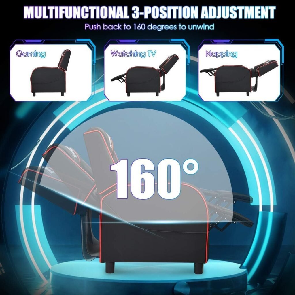 HOMGX Gaming Recliner Chair, Ergonomic PC Computer Chair w/Massage Function  Cushion, Modern Racing Style Single Lounge Sofa with Footrest, Adjustable Recliner Sofa for Adults (Red)