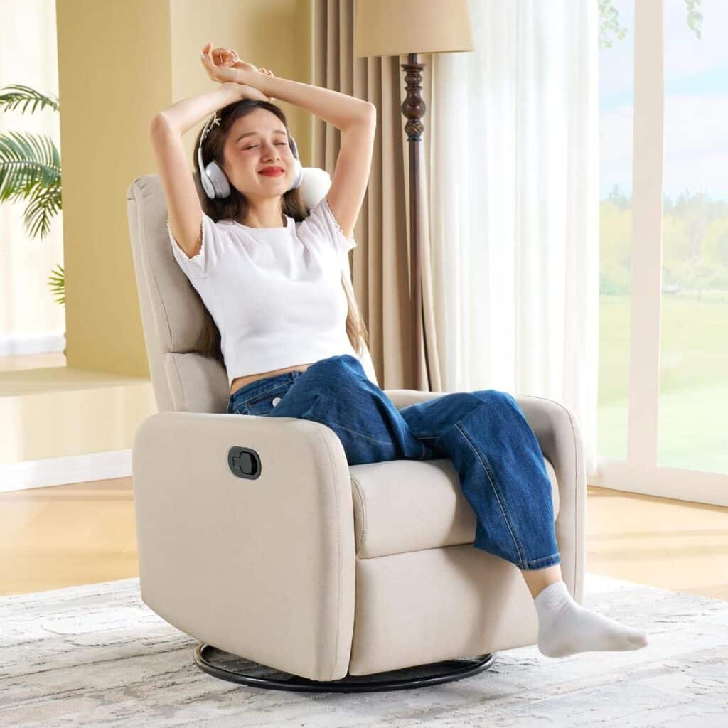 Jocisland Swivel Rocking Chair, Nursery Glider Chairs, Massage Rocker Recliner with High Back for Living Room Bedroom, Comfy Upholstered Modern Nursing Reclining Single Sofa, Khaki Textile