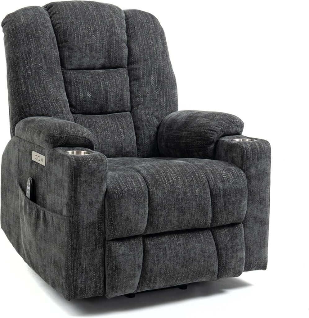 Large Power Lift Massage and Heat for Elderly, Overstuffed Wide, Heavy Duty Motion Mechanism with USB and Type C Ports Recliner Chair, Gray