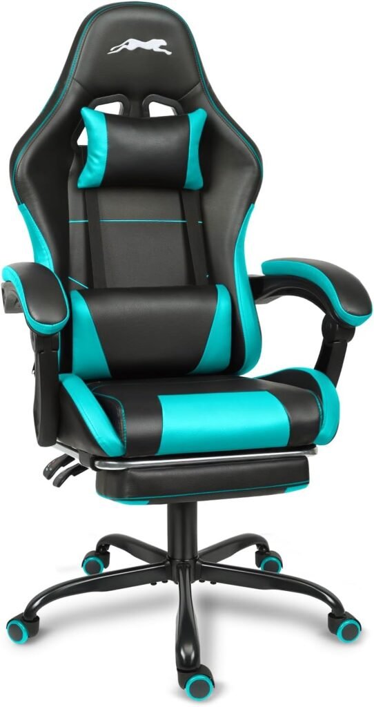 Leopard Gaming Chair with Footrest, Height Adjustable Game Chair with Lumbar Support, Video Gaming Chair for Gaming Room, Living Room and Office - Black/Light Blue