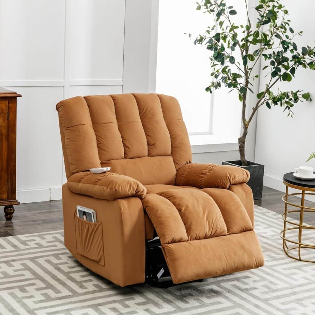 Light Brown Velvet Electric Power Lift Massage Recliner Chair with Lumbar Heat 8 Points Side Pockets for Living Room Solid Modern Contemporary Recline