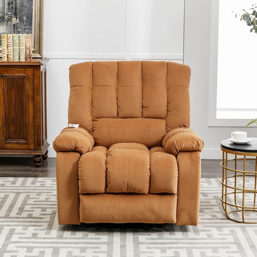Light Brown Velvet Electric Power Lift Massage Recliner Chair with Lumbar Heat 8 Points Side Pockets for Living Room Solid Modern Contemporary Recline
