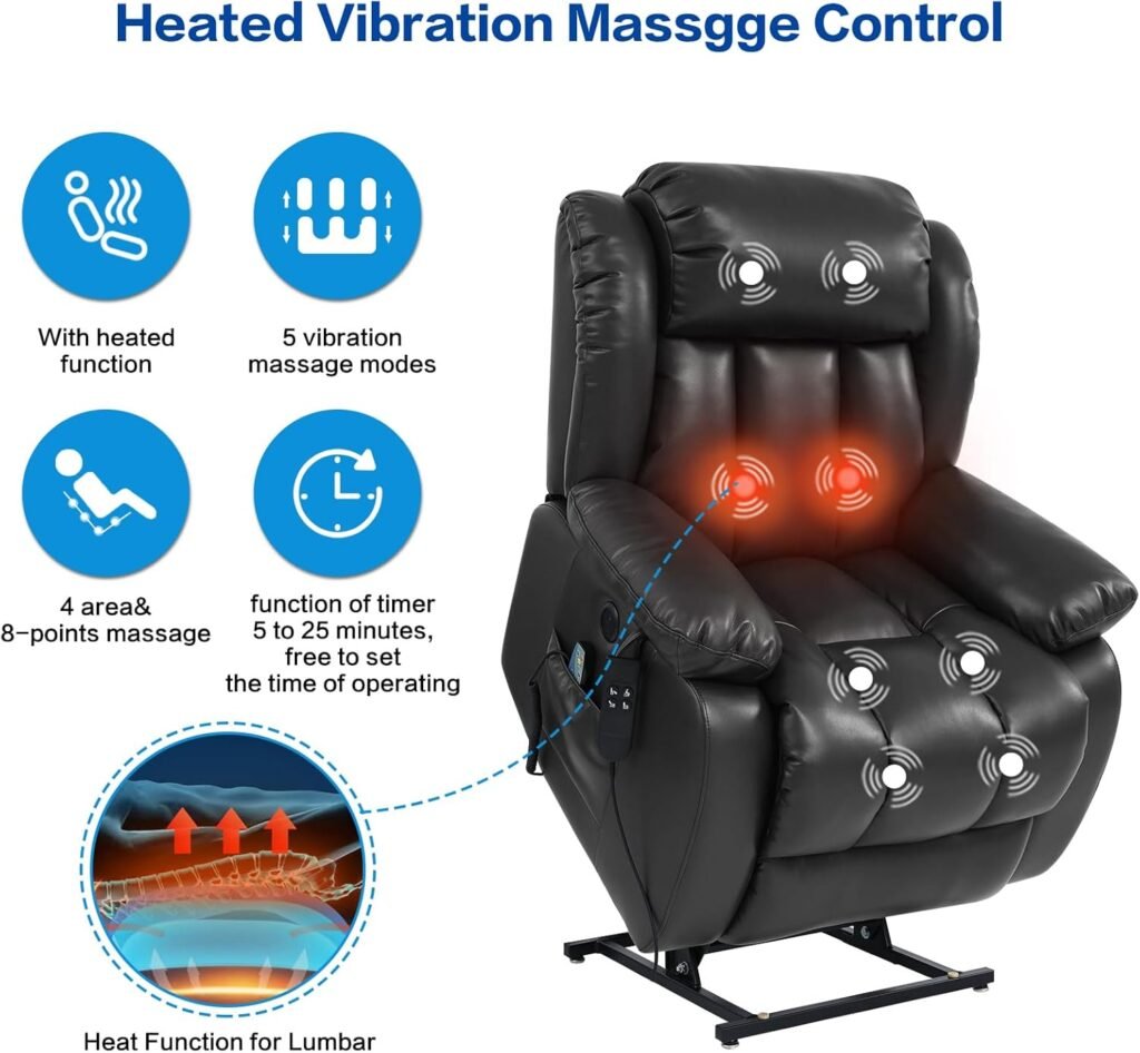 MAEVIS Power Recliner Chair, Lay Flat Sleeping Lift Chairs Recliner for Elderly with Heat and Massage,Comfy Real Breathable Leather Recliners with Dual OKIN Motor for Living Room (Black)