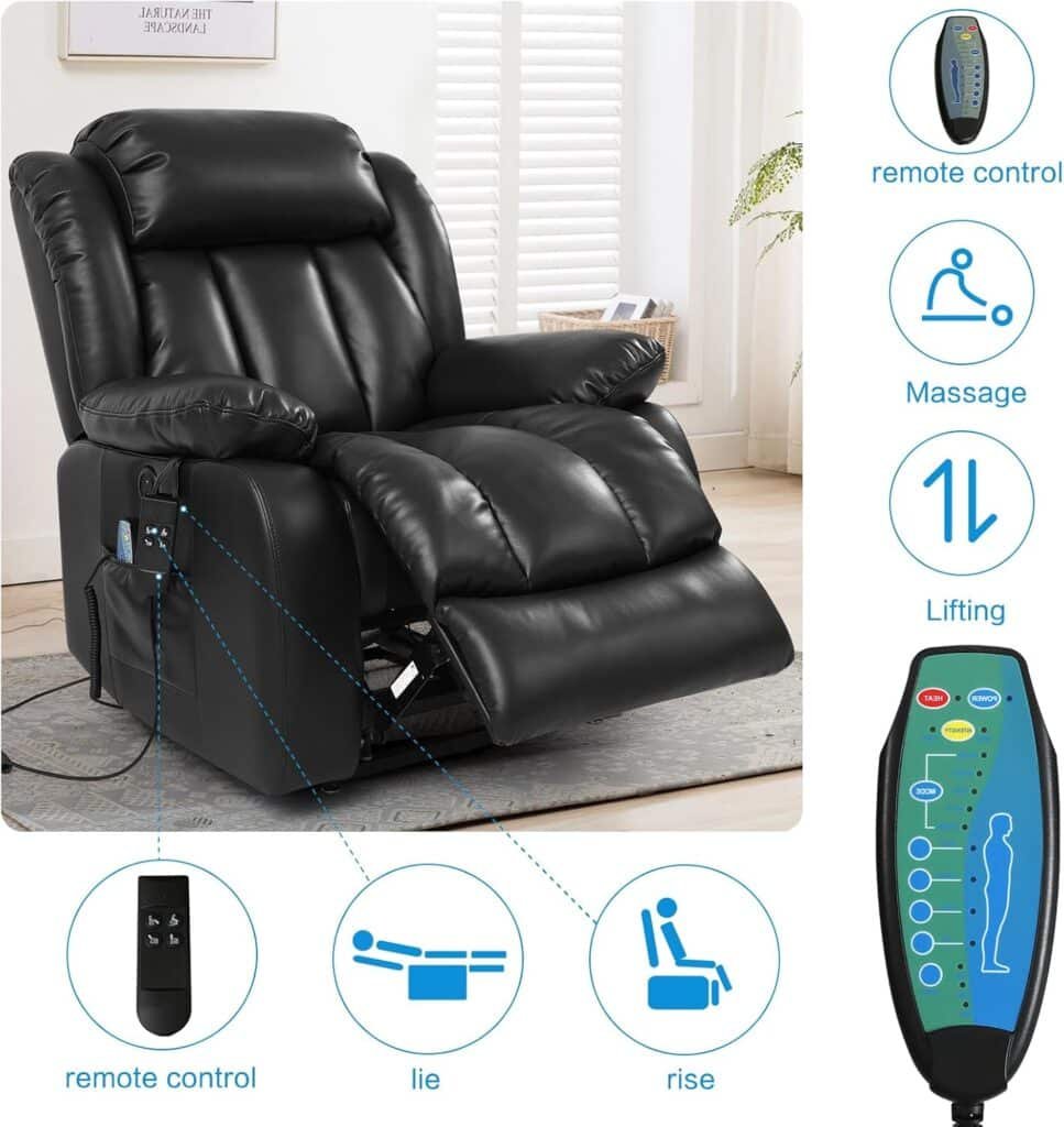 MAEVIS Power Recliner Chair, Lay Flat Sleeping Lift Chairs Recliner for Elderly with Heat and Massage,Comfy Real Breathable Leather Recliners with Dual OKIN Motor for Living Room (Black)