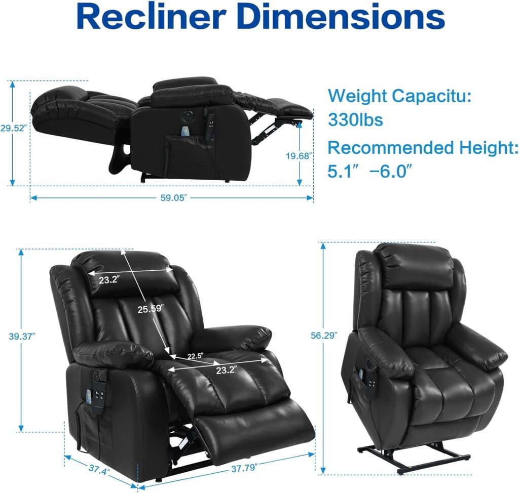 MAEVIS Power Recliner Chair, Lay Flat Sleeping Lift Chairs Recliner for Elderly with Heat and Massage,Comfy Real Breathable Leather Recliners with Dual OKIN Motor for Living Room (Black)